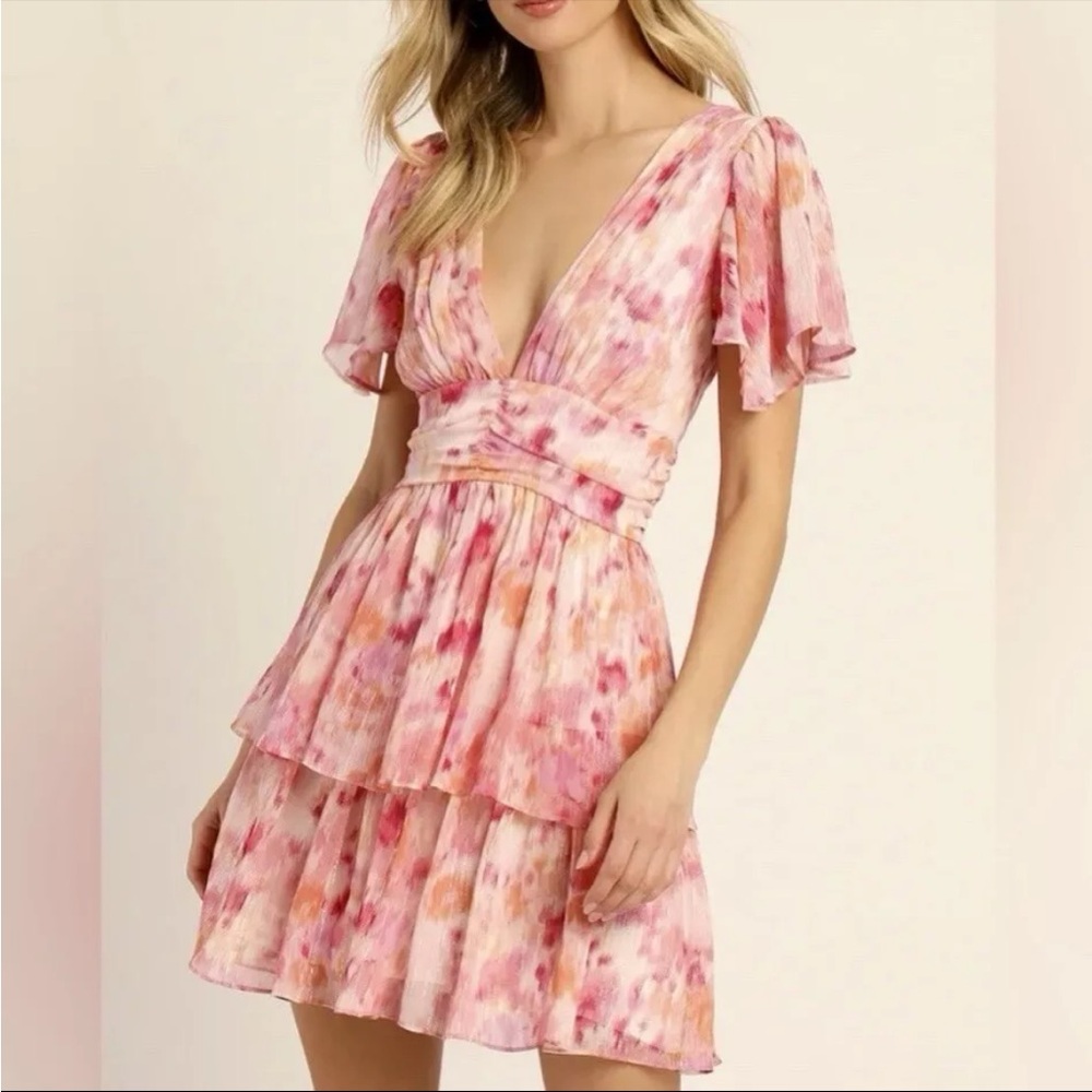 Lulus Sunny Evenings Pink Orange Lurex Flutter Sleeve Flare Mini Dress